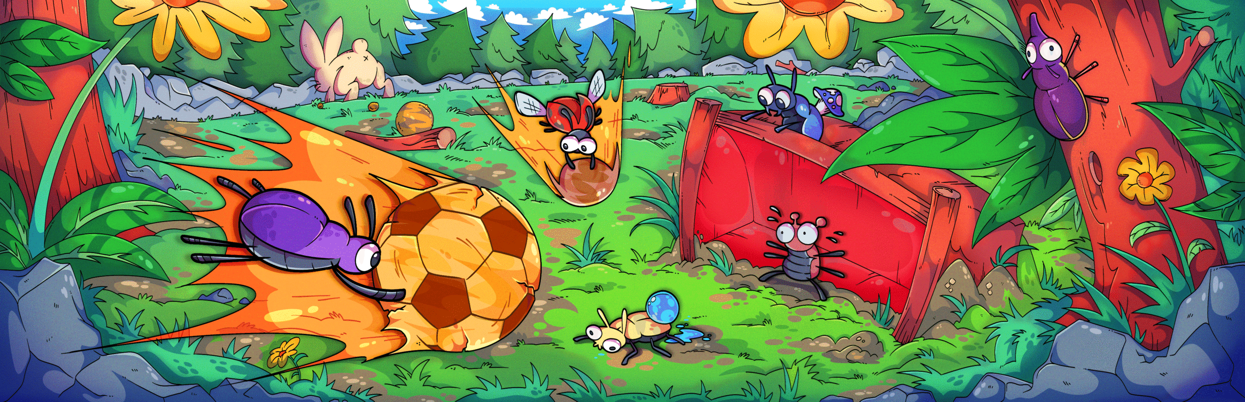 Beetles chasing a ball through a lively forest arena